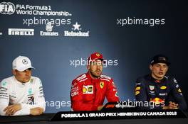 The post qualifying FIA Press Conference (L to R): Valtteri Bottas (FIN) Mercedes AMG F1, second; Sebastian Vettel (GER) Ferrari, pole position; Max Verstappen (NLD) Red Bull Racing, third. 09.06.2018. Formula 1 World Championship, Rd 7, Canadian Grand Prix, Montreal, Canada, Qualifying Day.