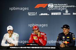 The post qualifying FIA Press Conference (L to R): Valtteri Bottas (FIN) Mercedes AMG F1, second; Sebastian Vettel (GER) Ferrari, pole position; Max Verstappen (NLD) Red Bull Racing, third. 09.06.2018. Formula 1 World Championship, Rd 7, Canadian Grand Prix, Montreal, Canada, Qualifying Day.