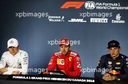 The post qualifying FIA Press Conference (L to R): Valtteri Bottas (FIN) Mercedes AMG F1, second; Sebastian Vettel (GER) Ferrari, pole position; Max Verstappen (NLD) Red Bull Racing, third. 09.06.2018. Formula 1 World Championship, Rd 7, Canadian Grand Prix, Montreal, Canada, Qualifying Day.