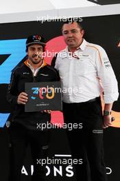 (L to R): Fernando Alonso (ESP) McLaren celebrates his upcoming 300th GP with Eric Boullier (FRA) McLaren Racing Director. 07.06.2018. Formula 1 World Championship, Rd 7, Canadian Grand Prix, Montreal, Canada, Preparation Day.