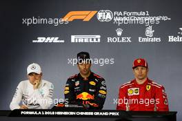 The post race FIA Press Conference (L to R): Valtteri Bottas (FIN) Mercedes AMG F1, second; Daniel Ricciardo (AUS) Red Bull Racing, race winner; Kimi Raikkonen (FIN) Ferrari, third. 15.04.2018. Formula 1 World Championship, Rd 3, Chinese Grand Prix, Shanghai, China, Race Day.