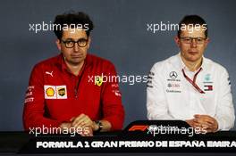 (L to R): Mattia Binotto (ITA) Ferrari Chief Technical Officer with Andy Cowell (GBR) Mercedes-Benz High Performance Powertrains Managing Director in the FIA Press Conference. 11.05.2018. Formula 1 World Championship, Rd 5, Spanish Grand Prix, Barcelona, Spain, Practice Day.