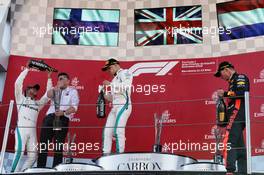 The podium (L to R): Race winner Lewis Hamilton (GBR) Mercedes AMG F1 celebrates with Valtteri Bottas (FIN) Mercedes AMG F1 and Max Verstappen (NLD) Red Bull Racing. 13.05.2018. Formula 1 World Championship, Rd 5, Spanish Grand Prix, Barcelona, Spain, Race Day.