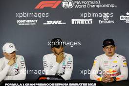The post race FIA Press Conference (L to R): Valtteri Bottas (FIN) Mercedes AMG F1, second; Lewis Hamilton (GBR) Mercedes AMG F1, race winner; Max Verstappen (NLD) Red Bull Racing, third. 13.05.2018. Formula 1 World Championship, Rd 5, Spanish Grand Prix, Barcelona, Spain, Race Day.