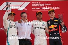 1st place Lewis Hamilton (GBR) Mercedes AMG F1 W09, 2nd Valtteri Bottas (FIN) Mercedes AMG F1 and 3rtd place Max Verstappen (NLD) Red Bull Racing RB14. 13.05.2018. Formula 1 World Championship, Rd 5, Spanish Grand Prix, Barcelona, Spain, Race Day.