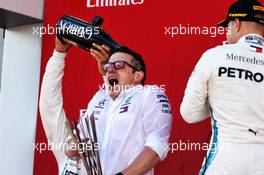 Peter Bonnington (GBR) Mercedes AMG F1 Race Engineer celebrates on the podium with Lewis Hamilton (GBR) Mercedes AMG F1 and Max Verstappen (NLD) Red Bull Racing. 13.05.2018. Formula 1 World Championship, Rd 5, Spanish Grand Prix, Barcelona, Spain, Race Day.