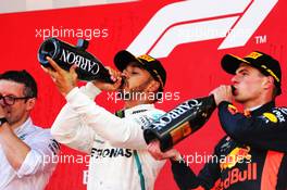 The podium (L to R): Race winner Lewis Hamilton (GBR) Mercedes AMG F1 celebrates with third placed Max Verstappen (NLD) Red Bull Racing. 13.05.2018. Formula 1 World Championship, Rd 5, Spanish Grand Prix, Barcelona, Spain, Race Day.