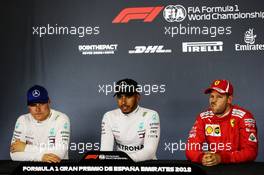 The post qualifying FIA Press Conference (L to R): Valtteri Bottas (FIN) Mercedes AMG F1, second; Lewis Hamilton (GBR) Mercedes AMG F1, pole position; Sebastian Vettel (GER) Ferrari, third. 12.05.2018. Formula 1 World Championship, Rd 5, Spanish Grand Prix, Barcelona, Spain, Qualifying Day.