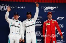 Qualifying top three in parc ferme (L to R): Valtteri Bottas (FIN) Mercedes AMG F1, second; Lewis Hamilton (GBR) Mercedes AMG F1, pole position; Sebastian Vettel (GER) Ferrari, third. 12.05.2018. Formula 1 World Championship, Rd 5, Spanish Grand Prix, Barcelona, Spain, Qualifying Day.