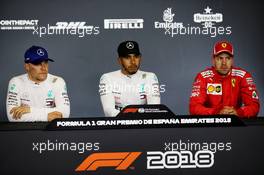 The post qualifying FIA Press Conference (L to R): Valtteri Bottas (FIN) Mercedes AMG F1, second; Lewis Hamilton (GBR) Mercedes AMG F1, pole position; Sebastian Vettel (GER) Ferrari, third  12.05.2018. Formula 1 World Championship, Rd 5, Spanish Grand Prix, Barcelona, Spain, Qualifying Day.