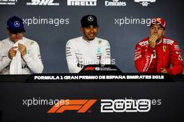 The post qualifying FIA Press Conference (L to R): Valtteri Bottas (FIN) Mercedes AMG F1, second; Lewis Hamilton (GBR) Mercedes AMG F1, pole position; Sebastian Vettel (GER) Ferrari, third  12.05.2018. Formula 1 World Championship, Rd 5, Spanish Grand Prix, Barcelona, Spain, Qualifying Day.