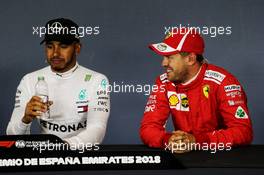 (L to R): Lewis Hamilton (GBR) Mercedes AMG F1 and Sebastian Vettel (GER) Ferrari in the post qualifying FIA Press Conference. 12.05.2018. Formula 1 World Championship, Rd 5, Spanish Grand Prix, Barcelona, Spain, Qualifying Day.