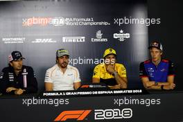 The FIA Press Conference (L to R): Sergio Perez (MEX) Sahara Force India F1; Fernando Alonso (ESP) McLaren; Carlos Sainz Jr (ESP) Renault Sport F1 Team; Brendon Hartley (NZL) Scuderia Toro Rosso. 10.05.2018. Formula 1 World Championship, Rd 5, Spanish Grand Prix, Barcelona, Spain, Preparation Day.