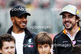 (L to R): Lewis Hamilton (GBR) Mercedes AMG F1 and Fernando Alonso (ESP) McLaren. 10.05.2018. Formula 1 World Championship, Rd 5, Spanish Grand Prix, Barcelona, Spain, Preparation Day.