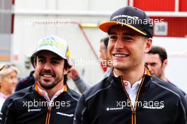 (L to R): Fernando Alonso (ESP) McLaren with team mate Stoffel Vandoorne (BEL) McLaren. 10.05.2018. Formula 1 World Championship, Rd 5, Spanish Grand Prix, Barcelona, Spain, Preparation Day.