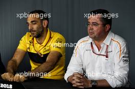 (L to R): Cyril Abiteboul (FRA) Renault Sport F1 Managing Director and Eric Boullier (FRA) McLaren Racing Director in the FIA Press Conference. 22.06.2018. Formula 1 World Championship, Rd 8, French Grand Prix, Paul Ricard, France, Practice Day.