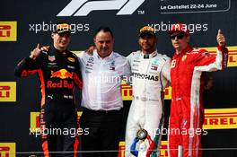 The podium (L to R): Max Verstappen (NLD) Red Bull Racing, second; Ron Meadows (GBR) Mercedes GP Team Manager; Lewis Hamilton (GBR) Mercedes AMG F1, race winner; Kimi Raikkonen (FIN) Ferrari, third. 24.06.2018. Formula 1 World Championship, Rd 8, French Grand Prix, Paul Ricard, France, Race Day.