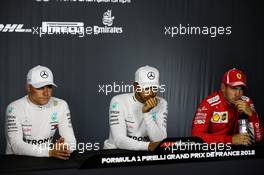 The post qualifying FIA Press Conference (L to R): Valtteri Bottas (FIN) Mercedes AMG F1, second; Lewis Hamilton (GBR) Mercedes AMG F1, pole position; Sebastian Vettel (GER) Ferrari, third. 23.06.2018. Formula 1 World Championship, Rd 8, French Grand Prix, Paul Ricard, France, Qualifying Day.