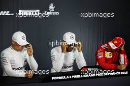 The post qualifying FIA Press Conference (L to R): Valtteri Bottas (FIN) Mercedes AMG F1, second; Lewis Hamilton (GBR) Mercedes AMG F1, pole position; Sebastian Vettel (GER) Ferrari, third. 23.06.2018. Formula 1 World Championship, Rd 8, French Grand Prix, Paul Ricard, France, Qualifying Day.