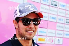 Sergio Perez (MEX) Sahara Force India F1 with the media. 21.06.2018. Formula 1 World Championship, Rd 8, French Grand Prix, Paul Ricard, France, Preparation Day.