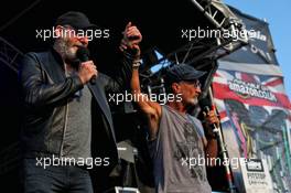 (L to R): Liam Cunningham (IRE) Actor and Eddie Jordan (IRE) on stage at the Sahara Force India F1 Team Fan Zone. 06.07.2018. Formula 1 World Championship, Rd 10, British Grand Prix, Silverstone, England, Practice Day.