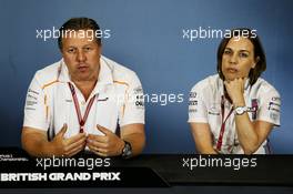 (L to R): Zak Brown (USA) McLaren Executive Director and Claire Williams (GBR) Williams Deputy Team Principal in the FIA Press Conference. 06.07.2018. Formula 1 World Championship, Rd 10, British Grand Prix, Silverstone, England, Practice Day.