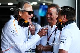 (L to R): Mansour Ojjeh, McLaren shareholder with Jonathan Neale (GBR) McLaren Chief Operating Officer and Zak Brown (USA) McLaren Executive Director. 06.07.2018. Formula 1 World Championship, Rd 10, British Grand Prix, Silverstone, England, Practice Day.