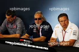 The FIA Press Conference (L to R): Guenther Steiner (ITA) Haas F1 Team Prinicipal; Dr. Vijay Mallya (IND) Sahara Force India F1 Team Owner; Zak Brown (USA) McLaren Executive Director. 06.07.2018. Formula 1 World Championship, Rd 10, British Grand Prix, Silverstone, England, Practice Day.