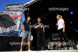 (L to R): George Russell (GBR) Sahara Force India F1 Test Driver with Otmar Szafnauer (USA) Sahara Force India F1 Chief Operating Officer and Rosanna Tennant (GBR) F1 Presenter on stage at the Sahara Force India F1 Team Fan Zone. 06.07.2018. Formula 1 World Championship, Rd 10, British Grand Prix, Silverstone, England, Practice Day.