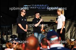 (L to R): Mads Sorensen (DEN) Hype Energy eForce India and Marcel Kiefer (GER) Hype Energy eForce India with Rosanna Tennant (GBR) F1 Presenter on stage at the Sahara Force India F1 Team Fan Zone. 06.07.2018. Formula 1 World Championship, Rd 10, British Grand Prix, Silverstone, England, Practice Day.