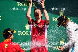 The podium (L to R): Race winner Sebastian Vettel (GER) Ferrari celebrates with Claudio Albertini (ITA) Ferrari and Lewis Hamilton (GBR) Mercedes AMG F1. 08.07.2018. Formula 1 World Championship, Rd 10, British Grand Prix, Silverstone, England, Race Day.
