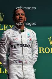 Second placed Lewis Hamilton (GBR) Mercedes AMG F1 on the podium. 08.07.2018. Formula 1 World Championship, Rd 10, British Grand Prix, Silverstone, England, Race Day.