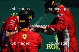 Race winner Sebastian Vettel (GER) Ferrari celebrates on the podium with Claudio Albertini (ITA) Ferrari and Kimi Raikkonen (FIN) Ferrari. 08.07.2018. Formula 1 World Championship, Rd 10, British Grand Prix, Silverstone, England, Race Day.