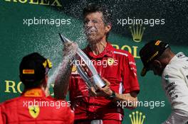 Claudio Albertini (ITA) Ferrari celebrates on the podium with Sebastian Vettel (GER) Ferrari. 08.07.2018. Formula 1 World Championship, Rd 10, British Grand Prix, Silverstone, England, Race Day.