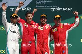 1st place Sebastian Vettel (GER) Ferrari SF71H, 2nd place Lewis Hamilton (GBR) Mercedes AMG F1 W09 and 3rd place Kimi Raikkonen (FIN) Ferrari SF71H.  08.07.2018. Formula 1 World Championship, Rd 10, British Grand Prix, Silverstone, England, Race Day.