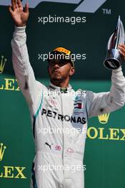 Lewis Hamilton (GBR) Mercedes AMG F1 celebrates his second position on the podium. 08.07.2018. Formula 1 World Championship, Rd 10, British Grand Prix, Silverstone, England, Race Day.