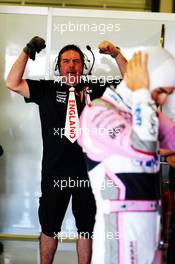 Sergio Perez (MEX) Sahara Force India F1 with an England supporter from the team. 07.07.2018. Formula 1 World Championship, Rd 10, British Grand Prix, Silverstone, England, Qualifying Day.