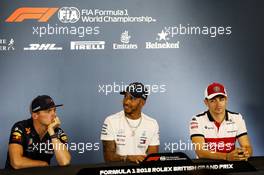 The FIA Press Conference (L to R): Max Verstappen (NLD) Red Bull Racing; Lewis Hamilton (GBR) Mercedes AMG F1; Charles Leclerc (MON) Sauber F1 Team. 05.07.2018. Formula 1 World Championship, Rd 10, British Grand Prix, Silverstone, England, Preparation Day.
