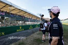 Sergio Perez (MEX) Sahara Force India F1 with fans in the grandstand. 05.07.2018. Formula 1 World Championship, Rd 10, British Grand Prix, Silverstone, England, Preparation Day.