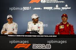 The FIA Press Conference (L to R): Valtteri Bottas (FIN) Mercedes AMG F1, second; Lewis Hamilton (GBR) Mercedes AMG F1, race winner; Kimi Raikkonen (FIN) Ferrari, third. 22.07.2018. Formula 1 World Championship, Rd 11, German Grand Prix, Hockenheim, Germany, Race Day.