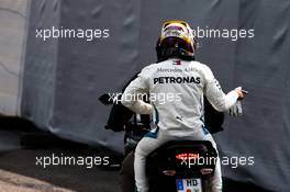Lewis Hamilton (GBR) Mercedes AMG F1 returns to the pits on the back of a motorbike after stopping in the opening section of qualifying. 21.07.2018. Formula 1 World Championship, Rd 11, German Grand Prix, Hockenheim, Germany, Qualifying Day.