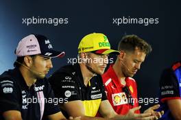 (L to R): Sergio Perez (MEX) Sahara Force India F1; Nico Hulkenberg (GER) Renault Sport F1 Team; and Sebastian Vettel (GER) Ferrari, in the FIA Press Conference. 19.07.2018. Formula 1 World Championship, Rd 11, German Grand Prix, Hockenheim, Germany, Preparation Day.