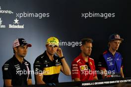 The FIA Press Conference (L to R): Sergio Perez (MEX) Sahara Force India F1; Nico Hulkenberg (GER) Renault Sport F1 Team; Sebastian Vettel (GER) Ferrari; Brendon Hartley (NZL) Scuderia Toro Rosso. 19.07.2018. Formula 1 World Championship, Rd 11, German Grand Prix, Hockenheim, Germany, Preparation Day.