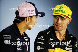 Nico Hulkenberg (GER) Renault Sport F1 Team (Right) with Sergio Perez (MEX) Sahara Force India F1 in the FIA Press Conference. 19.07.2018. Formula 1 World Championship, Rd 11, German Grand Prix, Hockenheim, Germany, Preparation Day.