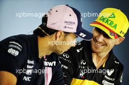 Nico Hulkenberg (GER) Renault Sport F1 Team (Right) with Sergio Perez (MEX) Sahara Force India F1 in the FIA Press Conference. 19.07.2018. Formula 1 World Championship, Rd 11, German Grand Prix, Hockenheim, Germany, Preparation Day.