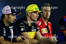 (L to R): Sergio Perez (MEX) Sahara Force India F1; Nico Hulkenberg (GER) Renault Sport F1 Team; and Sebastian Vettel (GER) Ferrari, in the FIA Press Conference. 19.07.2018. Formula 1 World Championship, Rd 11, German Grand Prix, Hockenheim, Germany, Preparation Day.