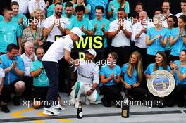 Race winner Lewis Hamilton (GBR) Mercedes AMG F1 celebrates with team mate Valtteri Bottas (FIN) Mercedes AMG F1 and the team. 29.07.2018. Formula 1 World Championship, Rd 12, Hungarian Grand Prix, Budapest, Hungary, Race Day.