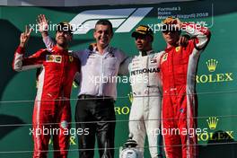 The podium (L to R): Sebastian Vettel (GER) Ferrari, second; Lewis Hamilton (GBR) Mercedes AMG F1, race winner; Kimi Raikkonen (FIN) Ferrari, third. 29.07.2018. Formula 1 World Championship, Rd 12, Hungarian Grand Prix, Budapest, Hungary, Race Day.