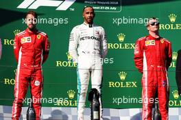 The podium (L to R): Sebastian Vettel (GER) Ferrari, second; Lewis Hamilton (GBR) Mercedes AMG F1, race winner; Kimi Raikkonen (FIN) Ferrari, third. 29.07.2018. Formula 1 World Championship, Rd 12, Hungarian Grand Prix, Budapest, Hungary, Race Day.