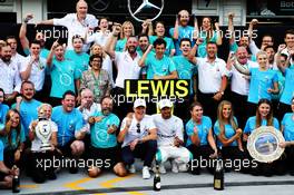 Race winner Lewis Hamilton (GBR) Mercedes AMG F1 celebrates with team mate Valtteri Bottas (FIN) Mercedes AMG F1 and the team. 29.07.2018. Formula 1 World Championship, Rd 12, Hungarian Grand Prix, Budapest, Hungary, Race Day.